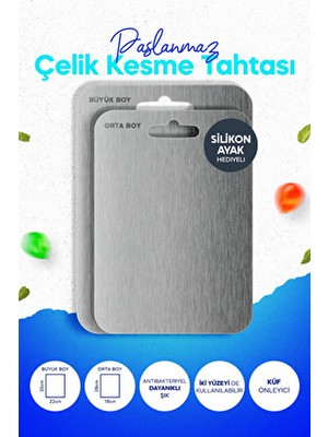 2’li Paslanmaz Çelik Kesme Tahtası Seti – Antibakteriyel, Hijyenik Yüzey, Makinede Yıkanabilir