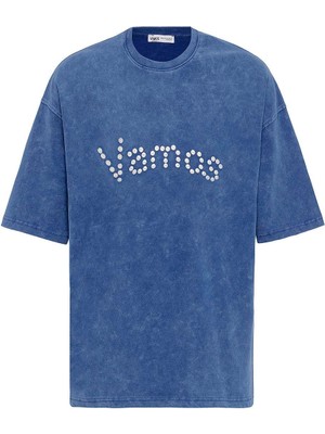Yıkamalı Düğme Detaylı Oversize Tişört Indigo