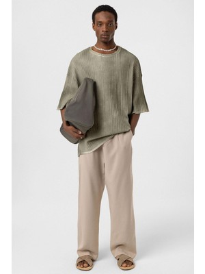 Yıkamalı Oversize Triko Tişört Haki