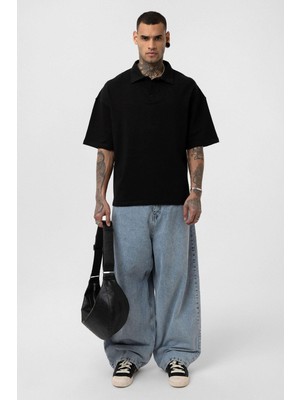 Basic Polo Yaka Oversize Tişört Siyah