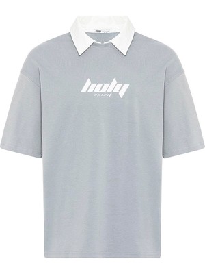 Polo Yaka Oversize Baskılı Tişört Gri