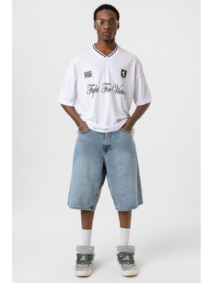 Baskılı Oversize Forma Tişört Beyaz