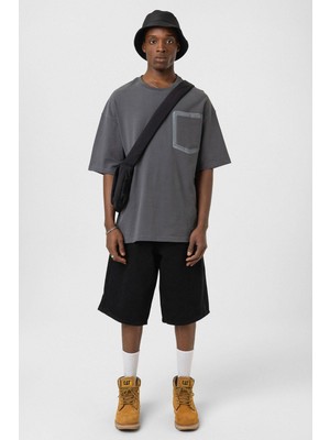 Bisiklet Yaka Cepli Oversize Tişört Füme