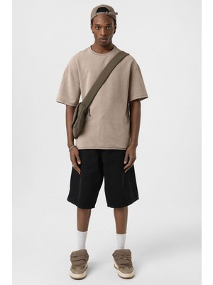 Yıkamalı Basic Oversize Tişört Vizon