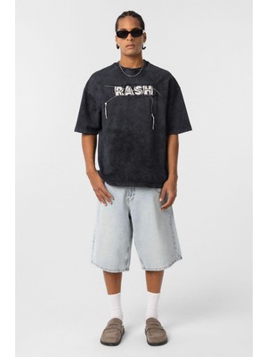 Yıkamalı Oversize Baskılı Tişört Siyah