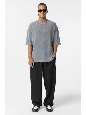 Yıkamalı Arka Baskılı Oversize Tişört Gri