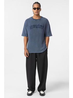 Yıkamalı Oversize Baskılı Tişört Indigo