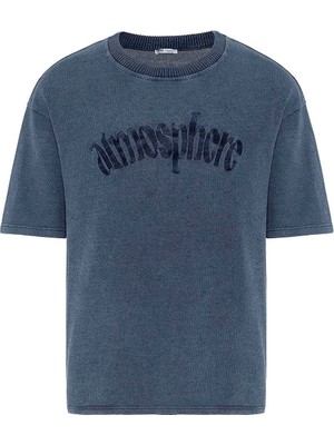 Yıkamalı Oversize Baskılı Tişört Indigo