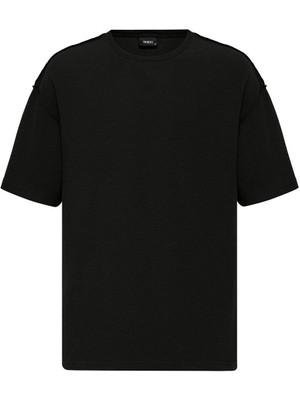 Arka Yazı Baskılı Oversize Triko Tişört Siyah