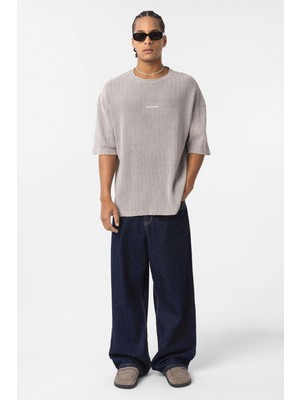 Yıkamalı Arka Baskılı Oversize Tişört Taş