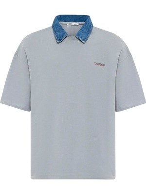 Polo Yaka Yazı Detaylı Oversize Tişört Gri