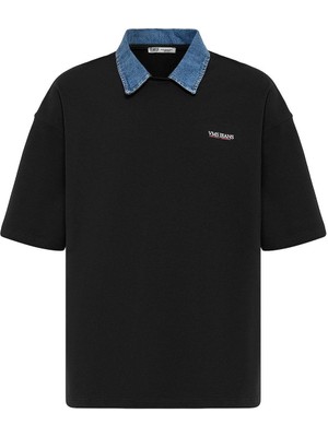 Polo Yaka Yazı Detaylı Oversize Tişört Siyah