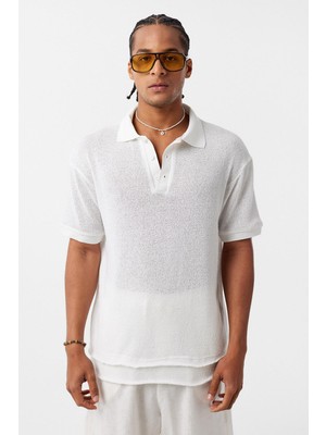 Polo Yaka Triko Oversize Tişört Ekru