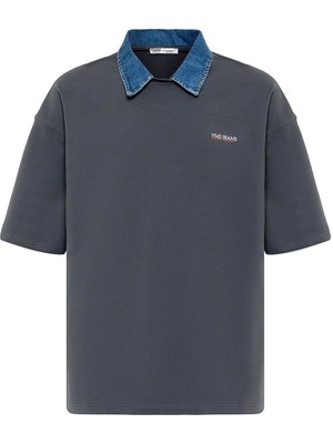 Polo Yaka Yazı Detaylı Oversize Tişört Füme