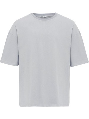 Basic Oversize Bisiklet Yaka Tişört Gri