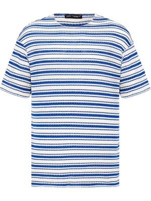 Çizgili Oversize Triko Tişört Saks