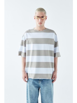 Dijital Baskılı Şeritli %100 Pamuk Oversize Tişört Haki