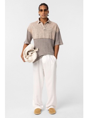 Yıkamalı Oversize Polo Yaka Tişört Taş