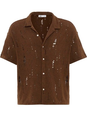 Oversize Deliklı Triko Gömlek Kahve