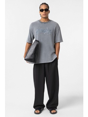 Yıkamalı Oversize Baskılı Tişört Gri