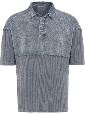 Yıkamalı Oversize Polo Yaka Tişört Gri