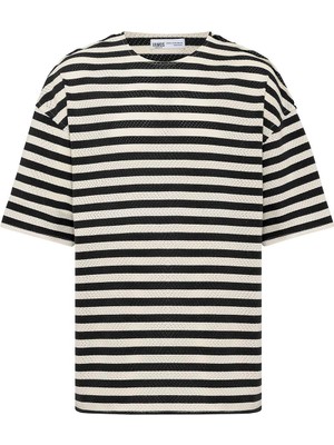 Çizgili Oversize Triko Tişört Siyah
