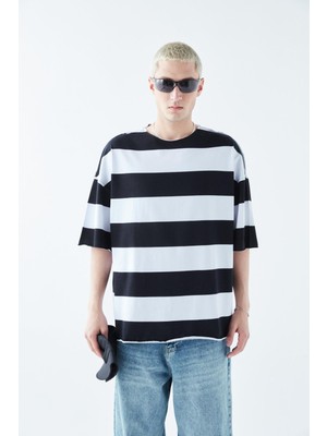 Dijital Baskılı Şeritli %100 Pamuk Oversize Tişört Siyah