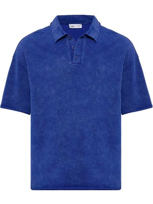 Polo Yaka Yıkamalı Oversize Tişört Saks