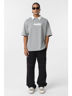 Polo Yaka Oversize Baskılı Tişört Gri