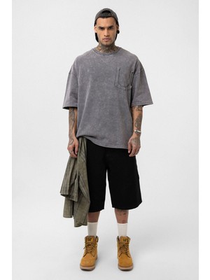 Yıkamalı Cep Detaylı Oversize Tişört Açık Füme