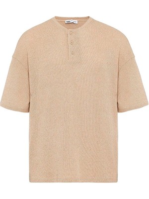 Basic Oversize Düğme Yaka Tişört Taş