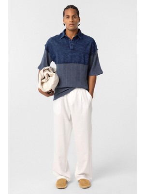 Yıkamalı Oversize Polo Yaka Tişört Indigo