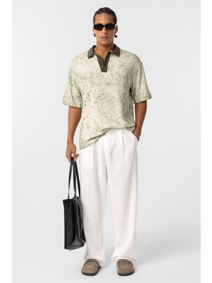 Yıkamalı Oversize Polo Yaka Tişört Haki