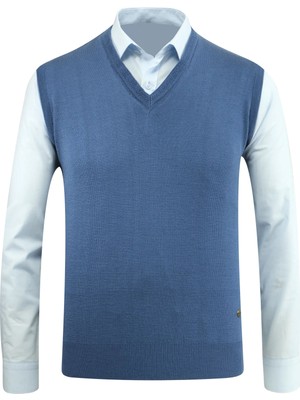 Erkek V Yaka Süveter Triko Düz Renk Çelik Örgü Klasik Kalıp - 5200H