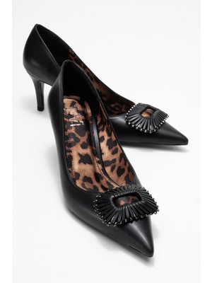 Great Siyah-Siyah Desenli Tokalı Kadın Topuklu Ayakkabı