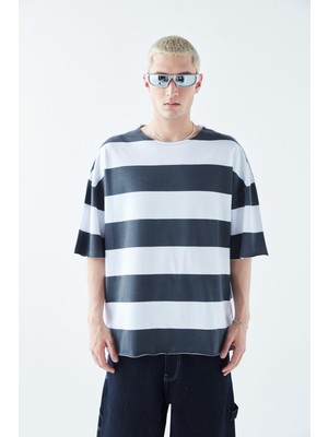 Dijital Baskılı Şeritli %100 Pamuk Oversize Tişört Füme