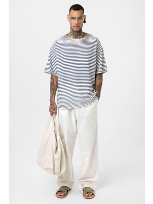 Çizgili Oversize Triko Tişört Saks