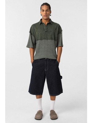 Yıkamalı Oversize Polo Yaka Tişört Haki