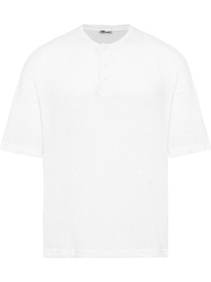 Basic Oversize Düğme Yaka Tişört Ekru