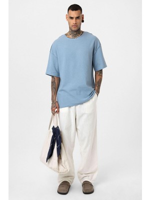 Arka Yazı Baskılı Oversize Triko Tişört Mavi