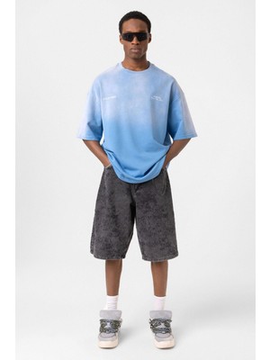 Yıkamalı Oversize Tişört Mavi