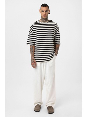 Çizgili Oversize Triko Tişört Siyah