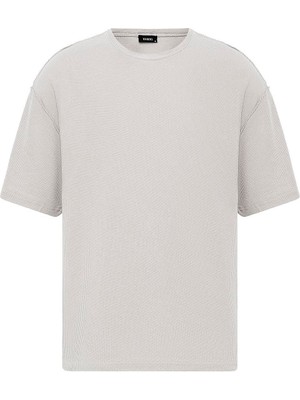 Arka Yazı Baskılı Oversize Triko Tişört Gri