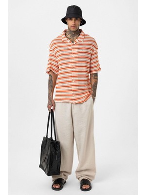 Oversize Çizgili Triko Tişört Oranj