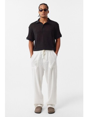 Polo Yaka Triko Oversize Tişört Siyah