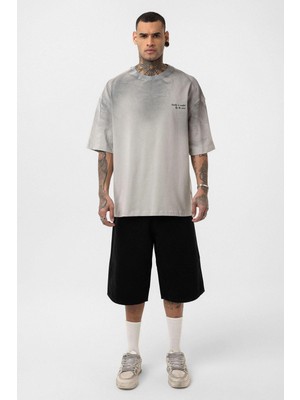 Yıkamalı Yazı Detaylı Oversize Tişört Gri