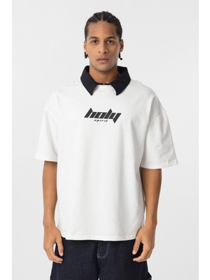 Polo Yaka Oversize Baskılı Tişört Ekru
