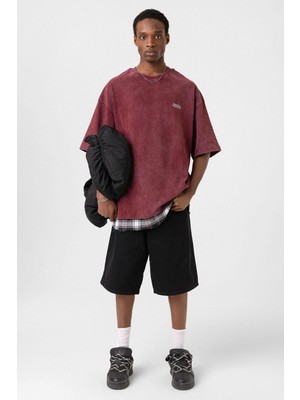 Yıkamalı Oversize Ekose Detaylı Tişört Bordo