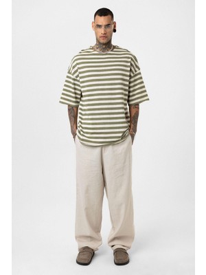 Çizgili Oversize Triko Tişört Haki