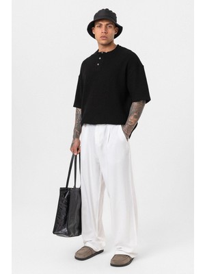 Düğmeli Yaka Oversize Tişört Siyah